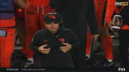 Oregon State coach Jonathan Smith cupping his breasts is oddly soothing
